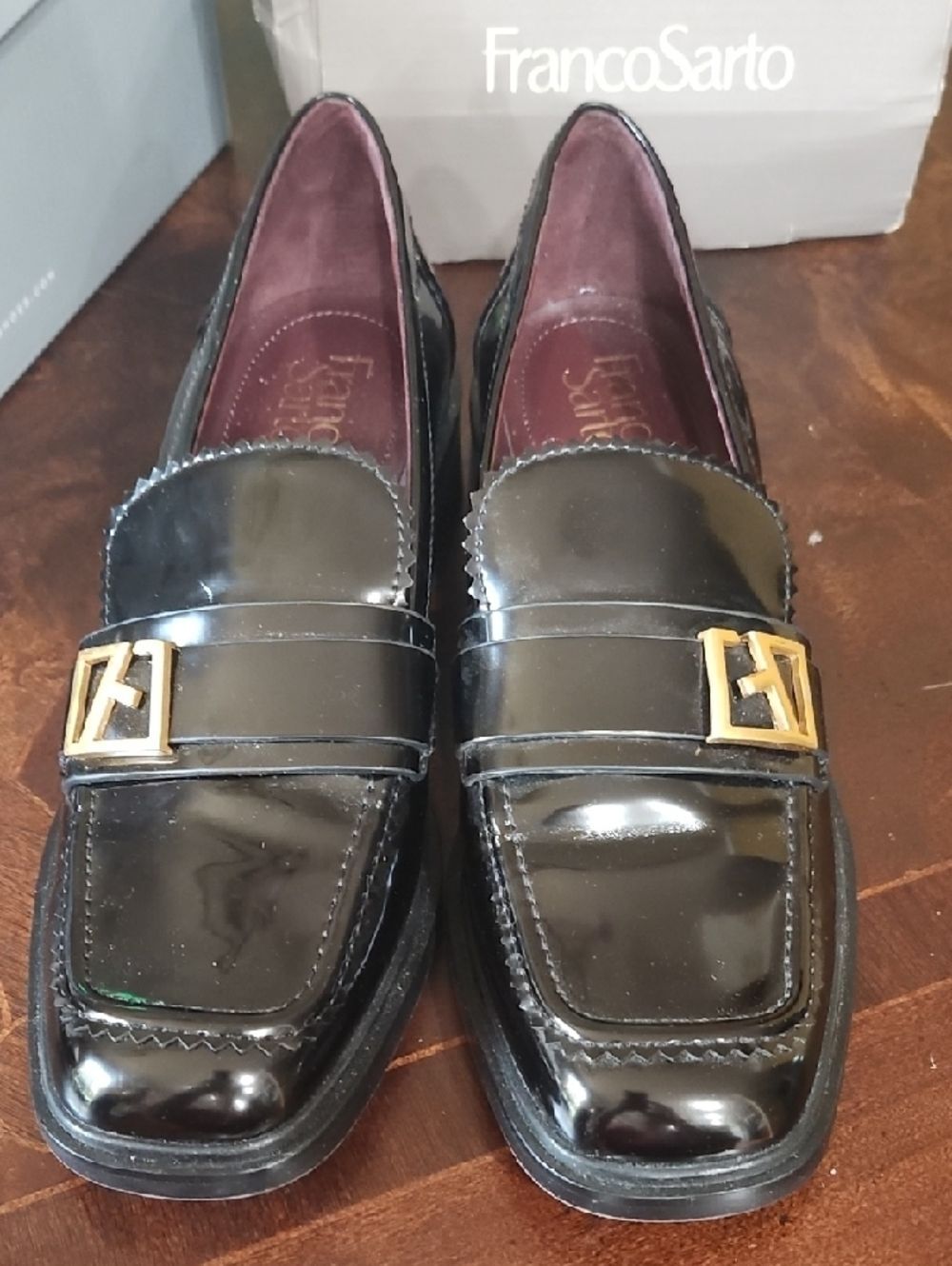 Franco Sarto Gloria 9 Black Patent Leather Loafers with Gold Accent